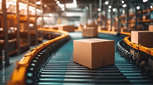 Cardboard Box Moving on a Conveyor Belt in a Warehouse