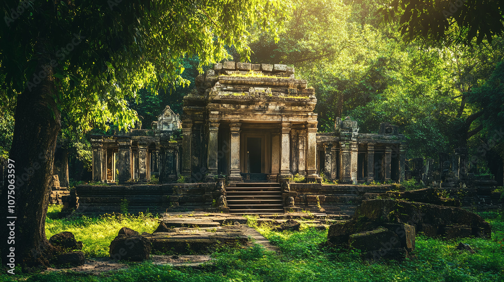 An ancient temple featuring advanced hydraulic systems for irrigation, with lush greenery surrounding it An ancient temple featuring advanced hydraulic systems for irrigation, with lush greenery surrounding it