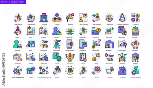 abstract background lineal color icon collection, business to consumer icon ( B2C )