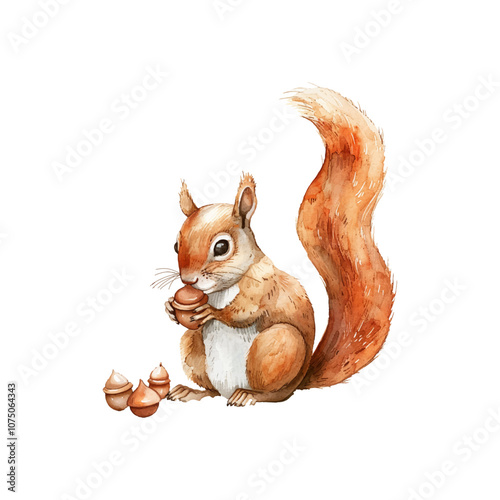 squirrel collecting acorns vector illustration in watercolor style