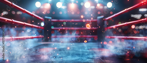 Close up of ropes, boxing ring, arena, octagon. Dramatic lighting, spotlights, steam effect. Mock up of professional sport event. Generative ai