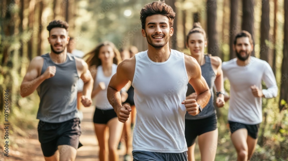 Obraz premium Group Jogging in the Woods During Autumn Morning for Fitness and Health. Generative ai