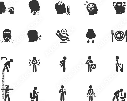 Vector set of symptoms disease flat icons. Contains icons fever, cough, sneezing, dizziness, fatigue, drowsiness, vomiting, diarrhea, heartburn and more. Pixel perfect.