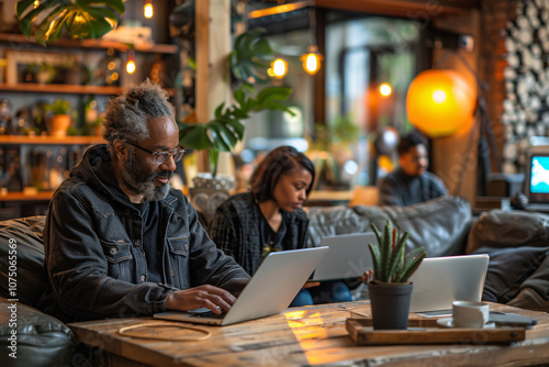 Two individuals work on laptops in a relaxed cafe setting, surrounded by plants and warm lighting, fostering creativity and collaboration as evening falls