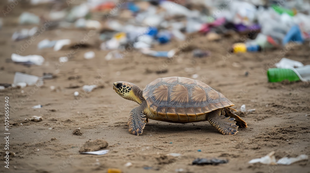 Obraz premium A turtle is walking on a beach with trash all around it