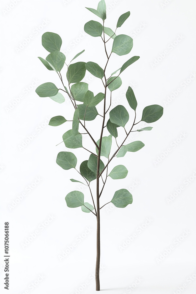 A single branch of eucalyptus leaves, with a light green hue, stands against a white background, creating a minimalist and elegant image A single branch of eucalyptus leaves, with a light green hue, stands against a white background, creating a minimalist and elegant image