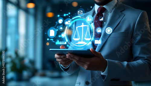 businessman in suit holds tablet displaying legal icons and symbols, representing technology in law. scene conveys professionalism and innovation