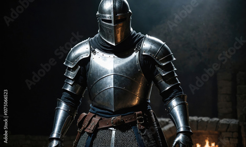 A knight in full armor stands in a dimly lit room, his face obscured by a helmet