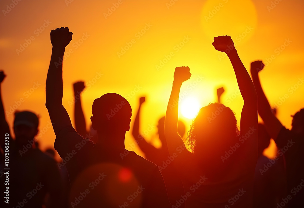 Empowered individuals raise their fists in solidarity against vibrant sunset. This powerful scene captures essence of unity and determination in moment of collective action Empowered individuals raise their fists in solidarity against vibrant sunset. This powerful scene captures essence of unity and determination in moment of collective action