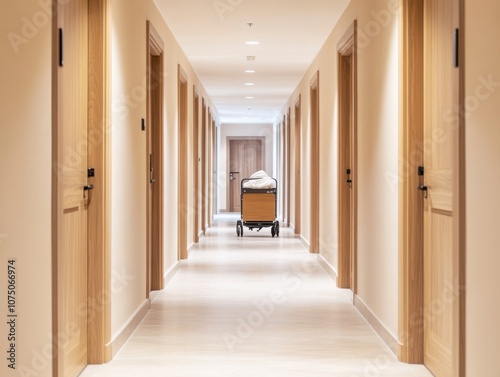 A serene hallway featuring wooden doors and a service cart.