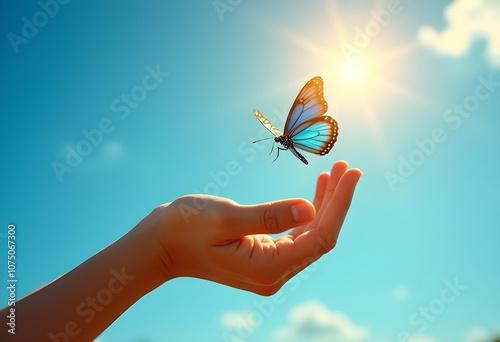 delicate butterfly rests on outstretched hand against bright blue sky, symbolizing freedom and beauty. sunlight enhances serene atmosphere