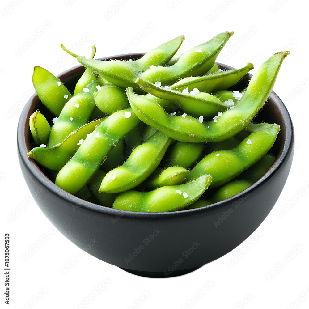 a small bowl of edamame, steamed green soybeans with salt, bright green color, isolated on white background a small bowl of edamame, steamed green soybeans with salt, bright green color, isolated on white background