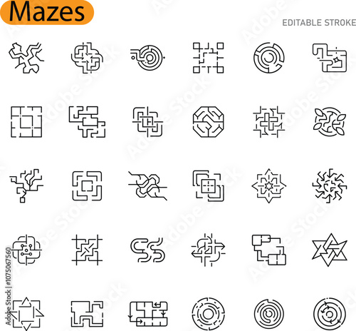 Maze Icons Set Simple Line Design Editable Stroke