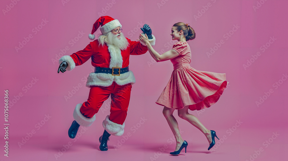 A man and a woman dressed as Santa Claus dancing together