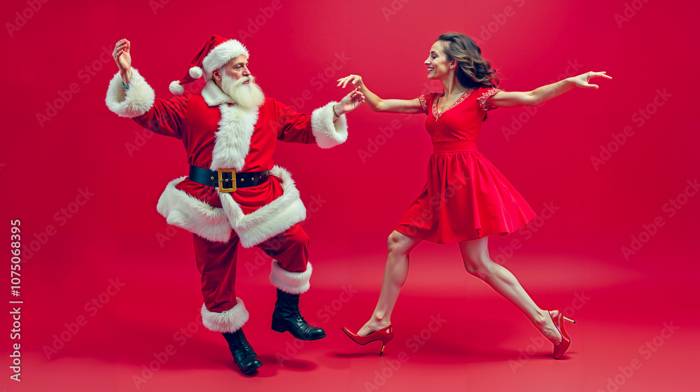 A man and a woman dressed as Santa Claus dancing together A man and a woman dressed as Santa Claus dancing together