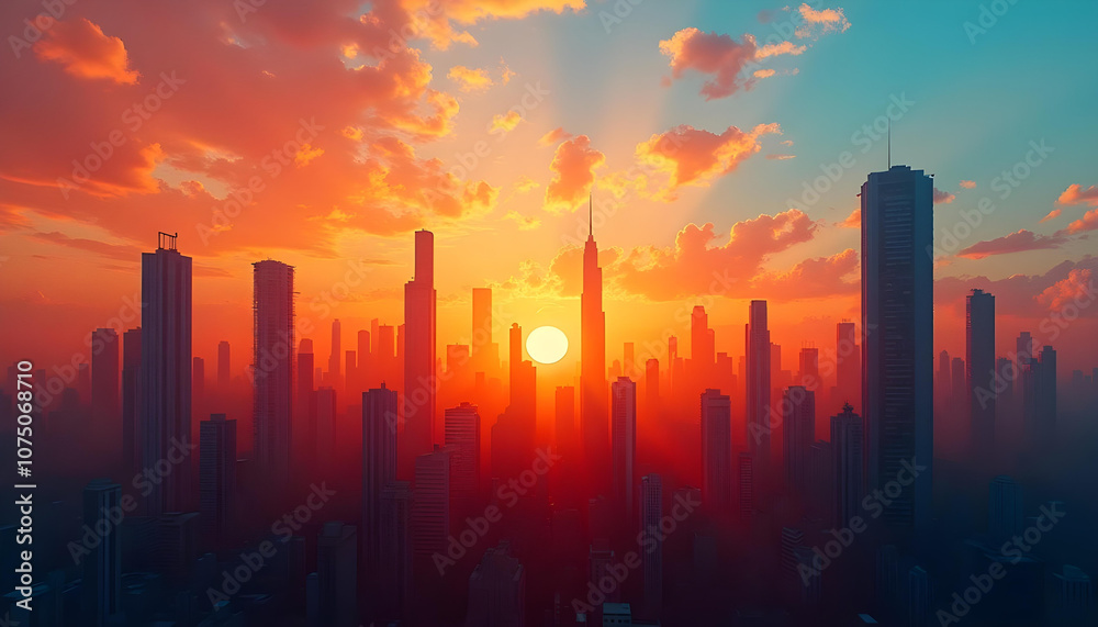 stunning sunset over city skyline, with tall buildings silhouetted against vibrant orange and blue hues. sun sets behind skyscrapers, creating dramatic atmosphere stunning sunset over city skyline, with tall buildings silhouetted against vibrant orange and blue hues. sun sets behind skyscrapers, creating dramatic atmosphere