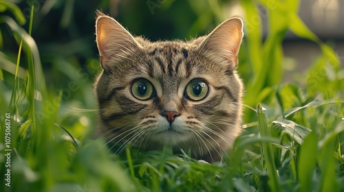 Angry and surprised cat, Behind green grass