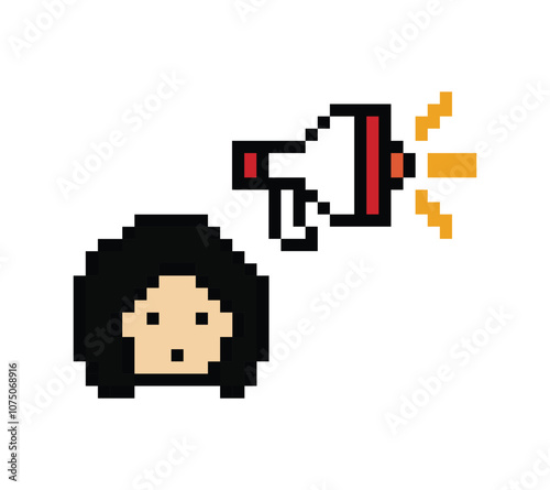 Cute pixel cartoon character woman with megaphone announcement speaker information announce decoration 8 bit female girl lady megaphone cartoon pixel game png vector.