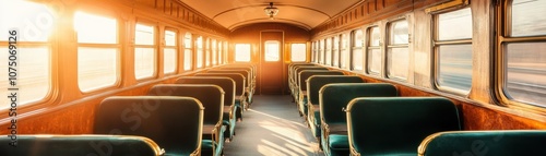 Bright train interior with green seats and warm sunlight shining.