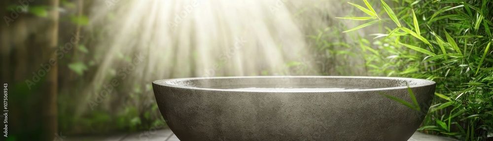 Fototapeta premium A serene zen bowl surrounded by lush greenery and warm sunlight.