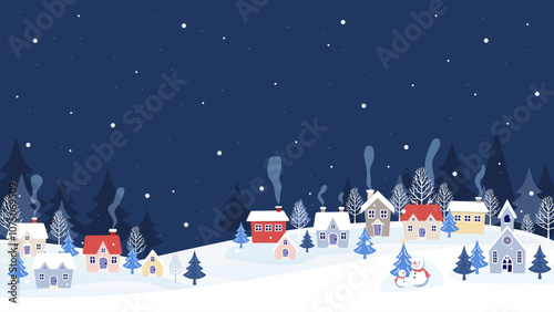 Beautiful Winter landscape vector illustration. Small winter village