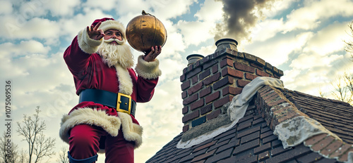 A man dressed as Santa Claus holding a globe on top of a chimney photo