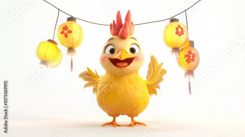 A cheerful cartoon chicken with colorful lanterns, perfect for festive themes. photo