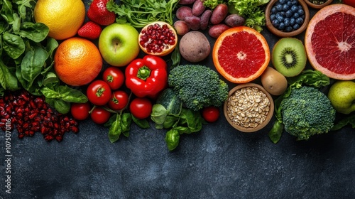 Colorful Arrangement of Fresh Fruits and Vegetables with Greens on a Dark Background Perfect for Healthy Lifestyle and Organic Food Promotion