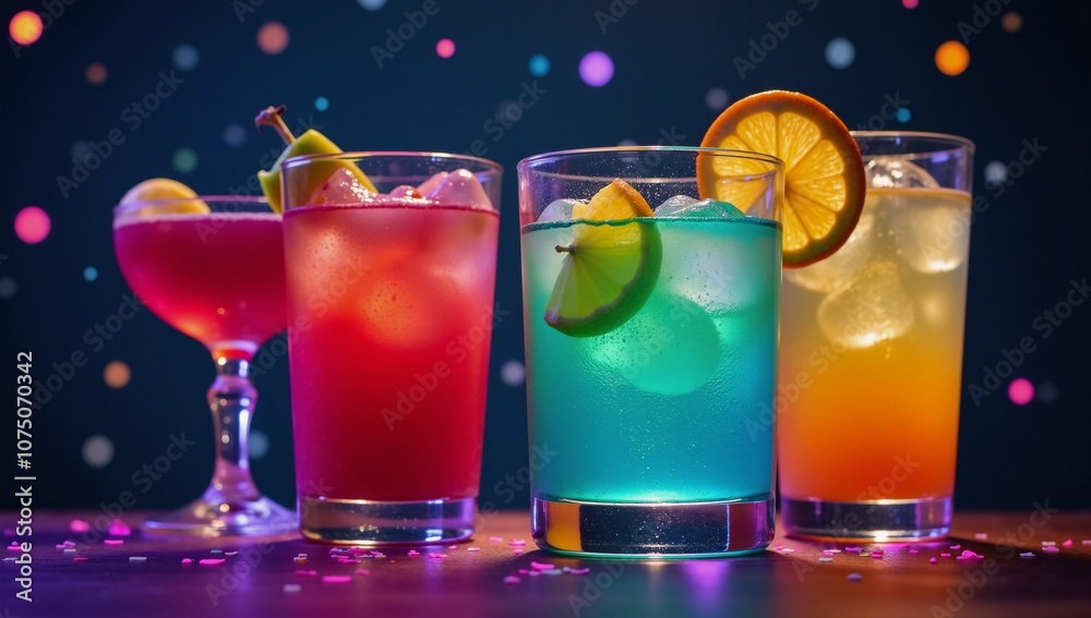 Vibrant neon-colored cocktail set against a starlit backdrop exuding festive energy