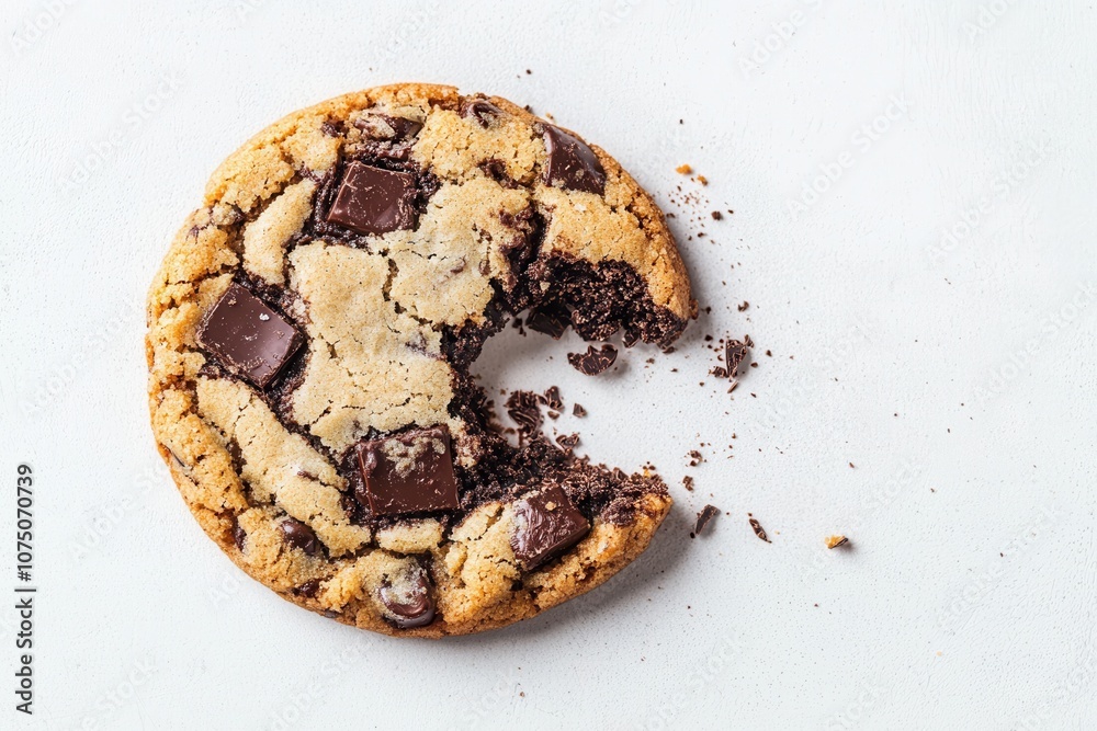 Delicious chocolate chip cookie with a bite taken out, showcasing rich textures. Delicious chocolate chip cookie with a bite taken out, showcasing rich textures.
