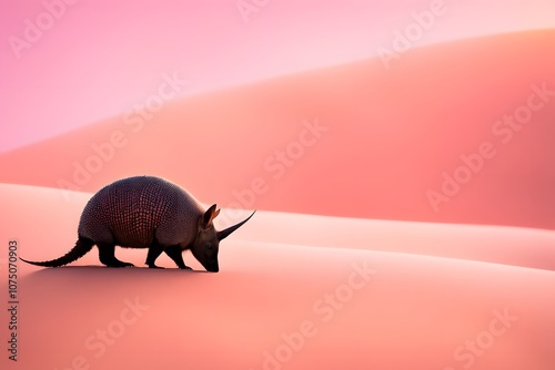 Silhouetted armadillo on desert sands with a soft pink and peach gradient in the background, Ai generated photo