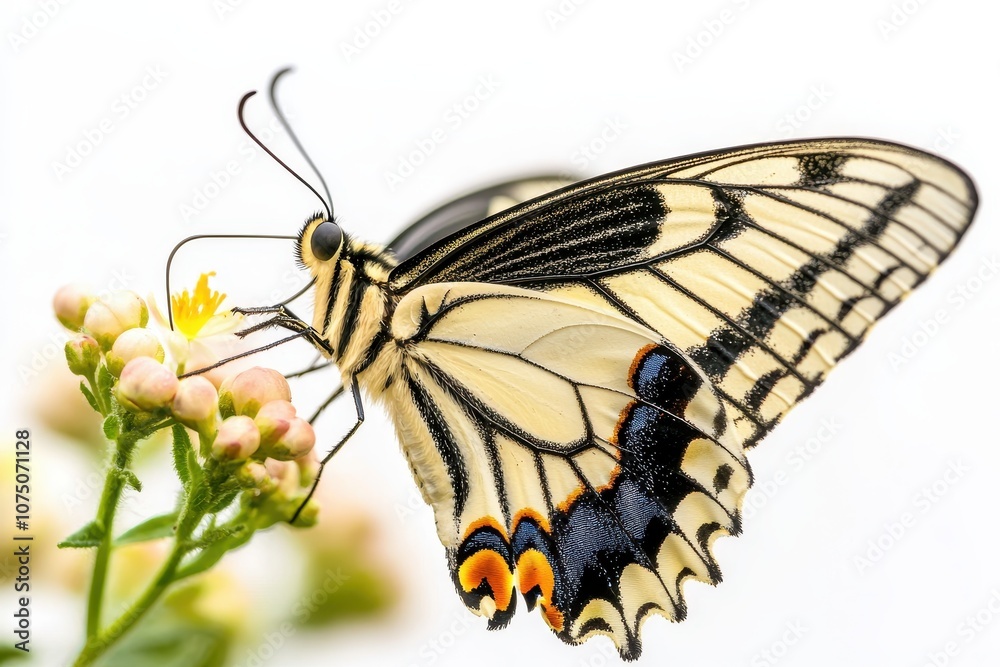 Fototapeta premium A beautiful butterfly perched on delicate flowers, showcasing nature's vibrant colors.