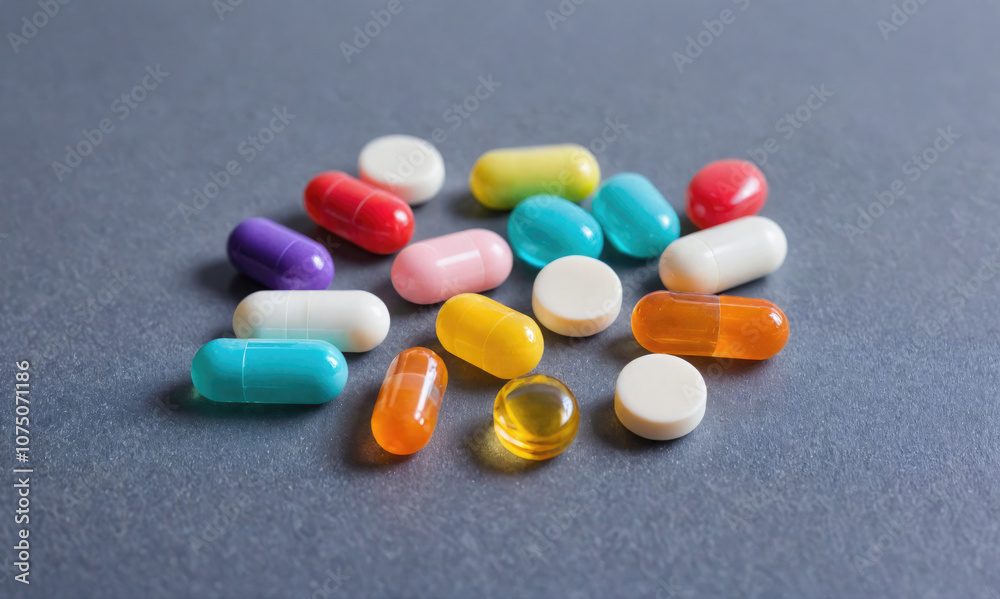 A variety of colorful pills are scattered on a gray surface A variety of colorful pills are scattered on a gray surface