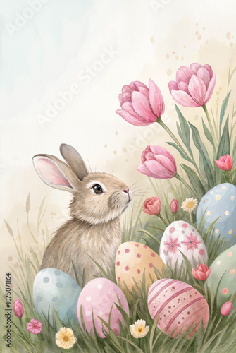 Cute bunny with Easter eggs and tulips in pastel spring scene

