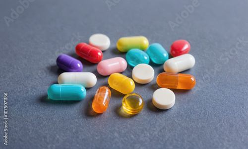 A variety of colorful pills are scattered on a gray surface