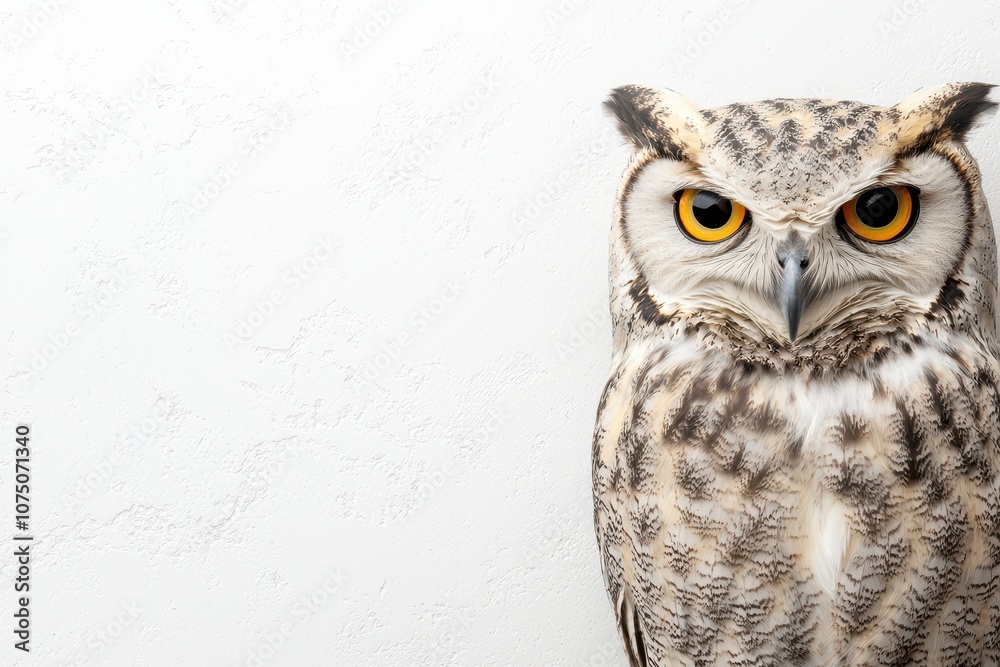 Obraz premium A majestic owl with striking yellow eyes, perched against a neutral background, symbolizes wisdom and mystery.