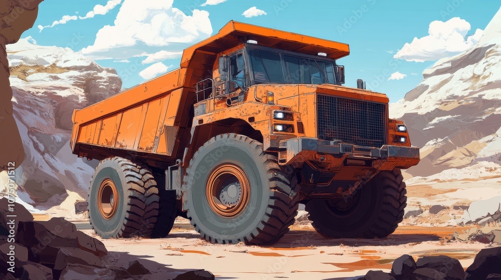 Heavy-Duty Dump Truck in Desert Landscape with Bright Colors and Detailed Terrain, Capturing Industrial Machinery Against a Backdrop of Clear Blue Sky Heavy-Duty Dump Truck in Desert Landscape with Bright Colors and Detailed Terrain, Capturing Industrial Machinery Against a Backdrop of Clear Blue Sky