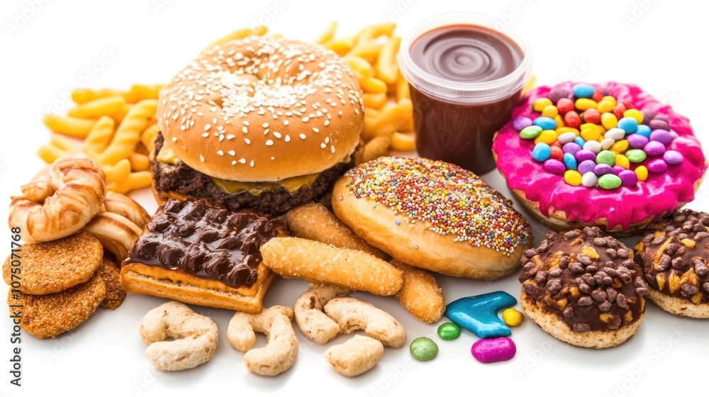 An assortment of junk food including a burger, fries, cookies, candies, and a milkshake on a white background, symbolizing high-calorie, unhealthy diet options. An assortment of junk food including a burger, fries, cookies, candies, and a milkshake on a white background, symbolizing high-calorie, unhealthy diet options.