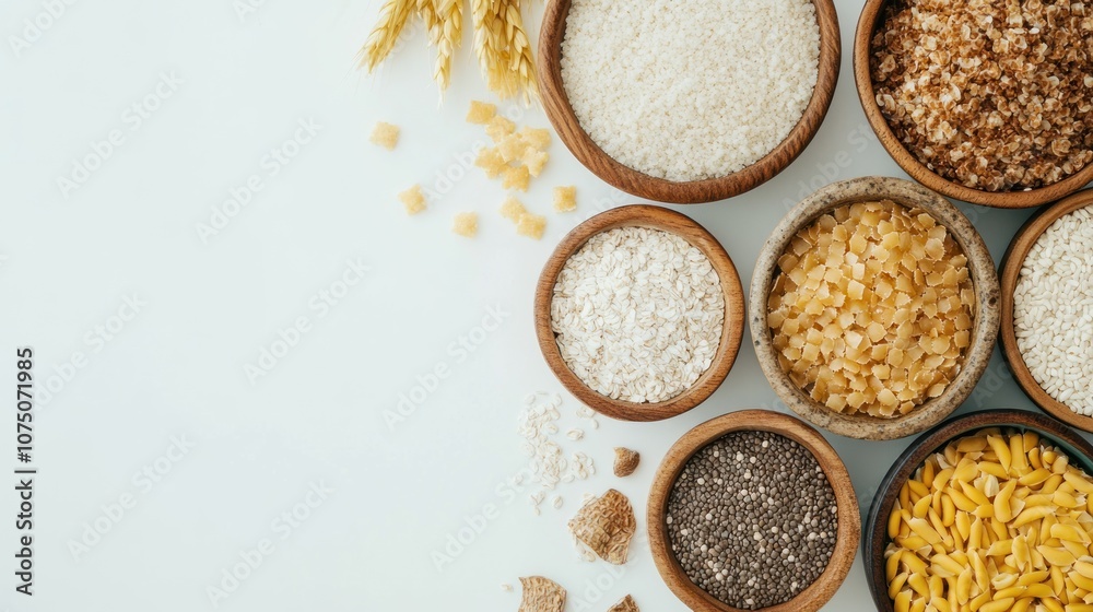 Various grains and pasta displayed in wooden bowls on a light background, including rice, oats, bulgur, flour, sugar, chia seeds, and fusilli. Various grains and pasta displayed in wooden bowls on a light background, including rice, oats, bulgur, flour, sugar, chia seeds, and fusilli.