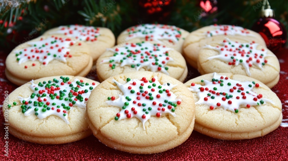 A festive arrangement of cookies decorated with icing and colorful sprinkles for the holidays.