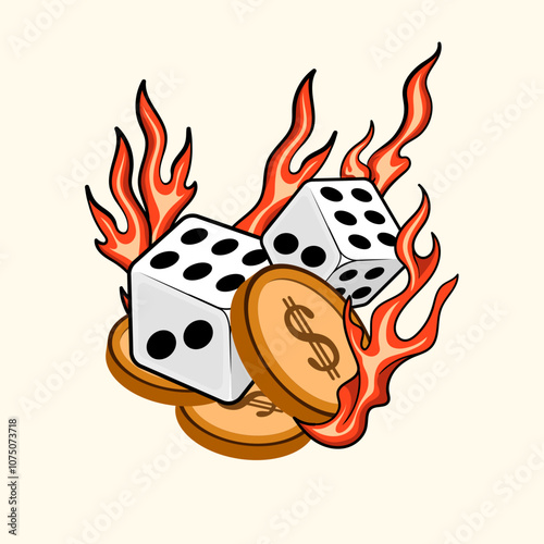 These fiery dice and chip coins on fire are perfect for gambling play doodle a poster, screensaver, website or postcard.