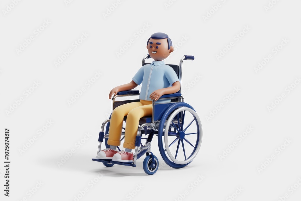 A 3D cartoon character smiling while sitting in a wheelchair. A 3D cartoon character smiling while sitting in a wheelchair.