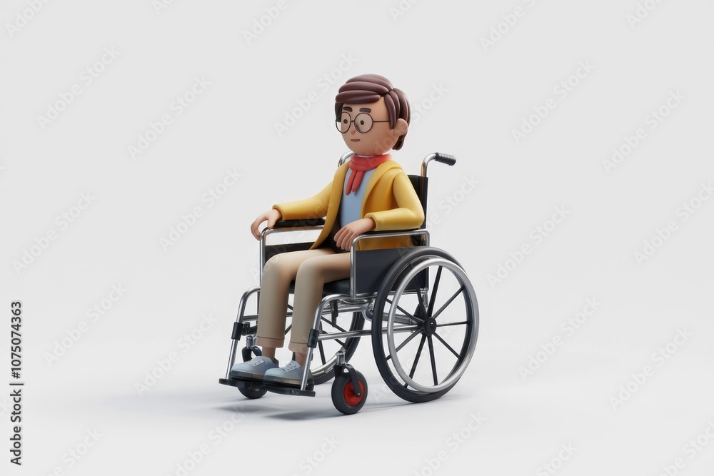A 3D cartoon character sitting in a wheelchair looking to the side A 3D cartoon character sitting in a wheelchair looking to the side