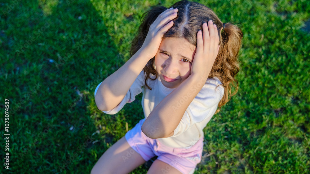 On a fall day in a wooded park, a little girl child who is being abused looks at the camera in fear On a fall day in a wooded park, a little girl child who is being abused looks at the camera in fear