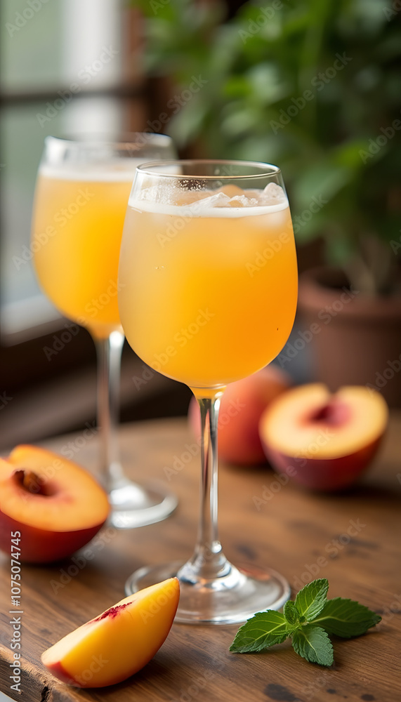 Table arrangement with Peach Bellini, peach slices and a sprig of mint, with a cozy cafe background Table arrangement with Peach Bellini, peach slices and a sprig of mint, with a cozy cafe background