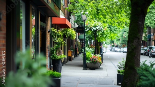 Fototapeta Naklejka Na Ścianę i Meble -  A street with a sidewalk lined with potted plants and a tree