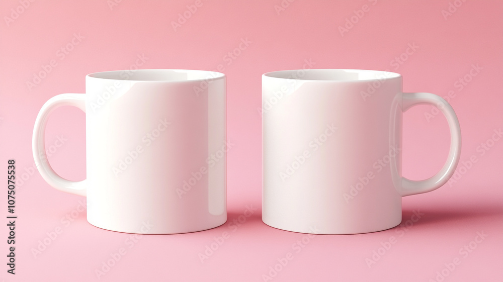 two white coffee mugs mockup on a pink background. two white coffee mugs mockup on a pink background.