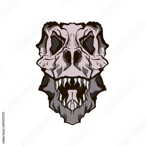 dinosaurs skeleton head skull stylized as engraving. face view. hand drawn woodcut engraving illustration of dinosaur with a bone