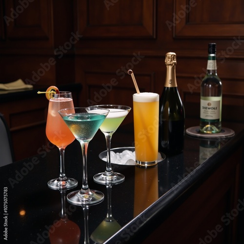 Bar scene featuring mature-atmosphere and various cocktails served including champagne in bubble-filled liquor bottles