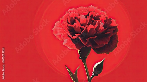 A Single Red Carnation with Bud and Stem on a Red Background